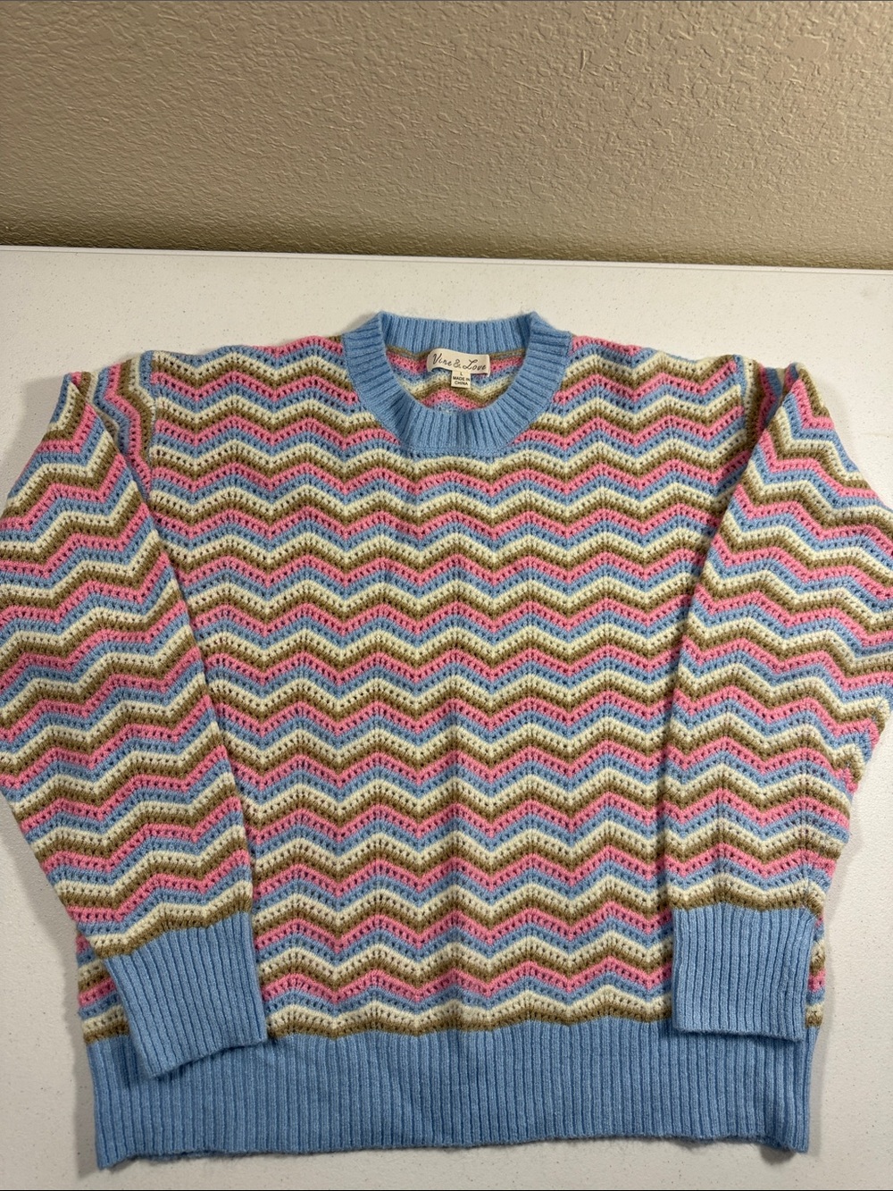 Vine & Love Chevron Crewneck Sweater in Light Blue, Pink & Green